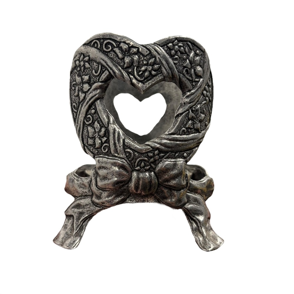 Wickens & Sticks Pewter Heart‎ Candle Holder Bow Ribbon Floral Accent Decor VTG